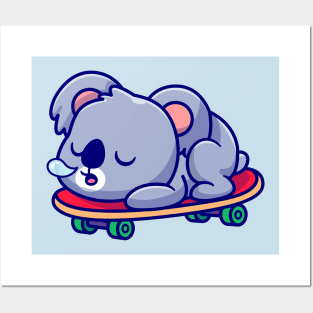 Cute Koala Sleeping On Skateboard Cartoon Posters and Art